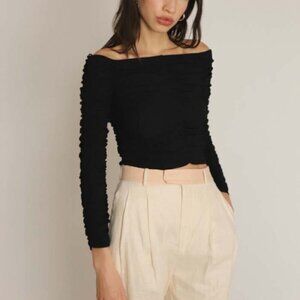 Boutique Line and Dot Black Ruched Fitted Off Shoulder Long Sleeve Top M